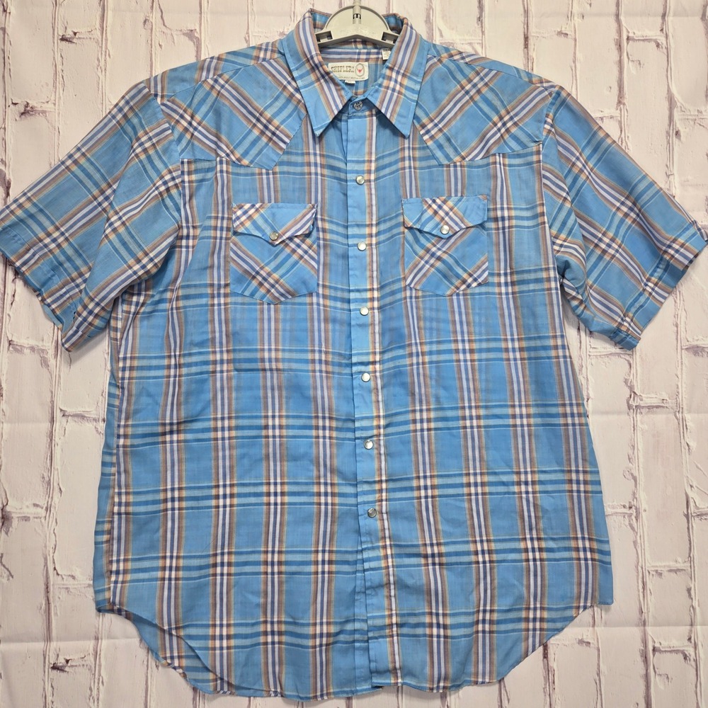 Vintage Sheplers Western Shirt Blue Plaid Pearl Snap Cowboy Work Casual Mens XL